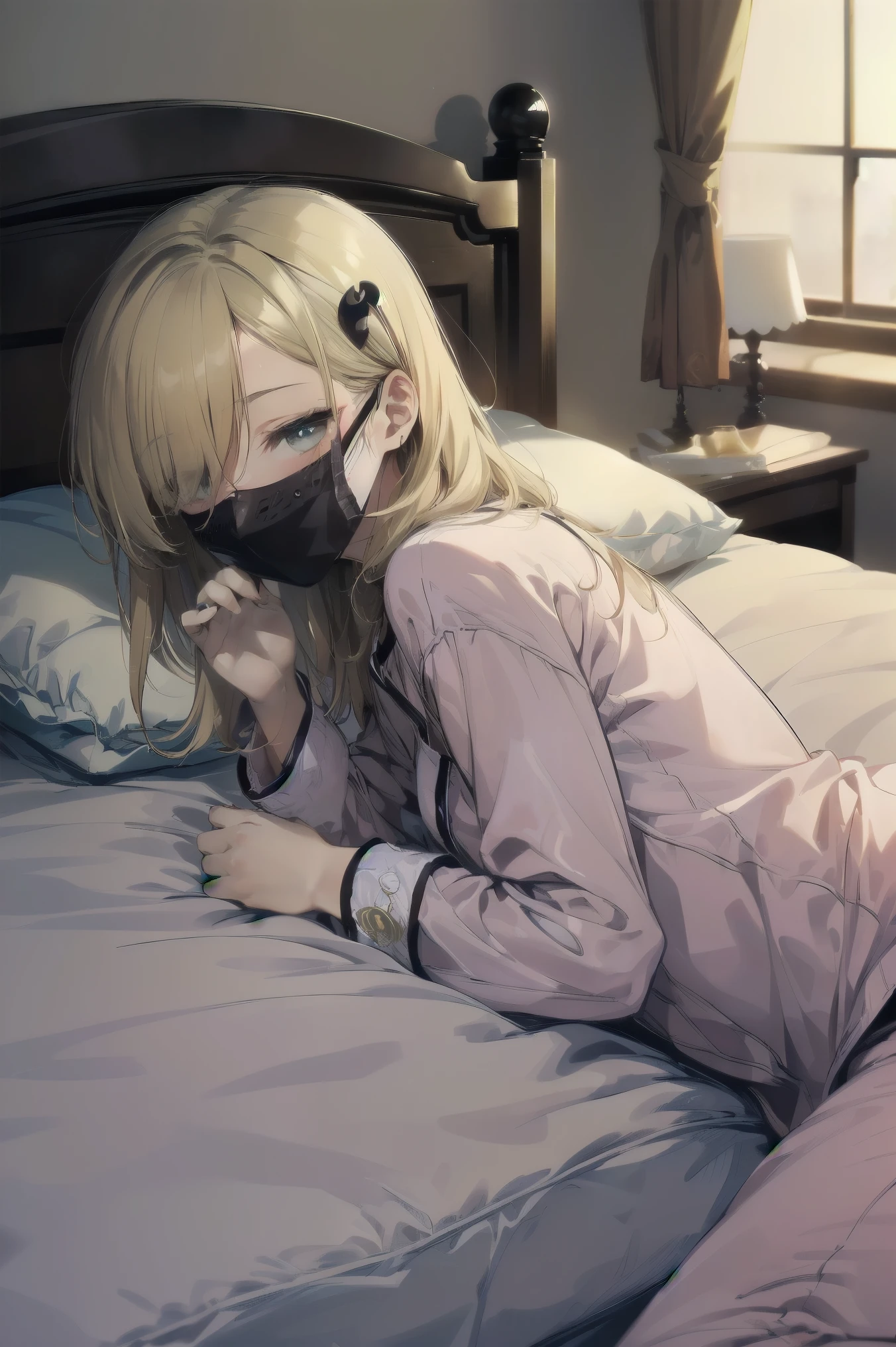 (white mouth mask:1.5)，(closed eyes), (lie on bed:1.5)，Highest quality, Anime Moe Art Style,Best Anime 8K Konachan Wallpaper，Perfect , (One Girl:1.5), (alone,13 years old:1.8),high school student, short hair, (Straight hair:1.6)，(Medium )，(Blonde:1.8)，Complete limbs, Full Finger,medium ，Small eyes,Accurate blue eyes, (hair over one eye:1.5)，Hair Clip, Very detailed,High resolution,Very detailed肌, Professional Lighting,8K eye detail, (Cute illustrations:1.2), (indoor),(Cute Girl's Room:1.4),(modern and sophisticated furniture:1.2),(plush velvet chair and ottoman:1.4),(elegant curtains and window treatments:1.2),(Designer Fashion:1.4),(Instagrammable fashion photo corner:1.2),(unique framed statement mirror:1.4),
(fashion runway style rug:1.2),(Customized closet filled with trendy clothes:1.2)，(gorgeous dressing table:1.2)，(Fashion Magazines:1.2)，(Cute decoration:1.4)，(chic lighting fixtures:1.4),(comfortable and stylish bedding:1.4)，(Specialized area for fashion accessories:1.3)，(高级饰品:1.2)，(fashion sketch and design book:1.2)，(bed:1.9)，(ankle socks:1.2)，nose blush ，A girl lying in bed with a cold with her head on the pillow, cute, detailed drawing, under art，
1 girl, bangs, bed, blush, sweat, cold, blond hair，(pajamas:1.5), indoors，lying on back, pillow, side lock, sleeping, on futon, on futon sleeping face to face，