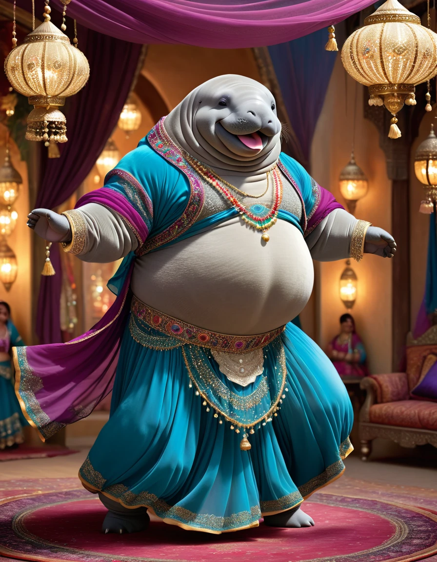 photorealistic portrait of Dressed animals - a ((fat)) ((manatee)) dancer,(furry), (dynamic dancing:2.0), (swinging arms :2.0),(happy smile:1.5),high quality,(happy),(lovely) ,intricate details, (sheer veil), highly detailed (( gypsy belly dancing clothes)) ,highly detailed decorations of clothes, Wearing gypsy belly dancing clothes, , (happy), soft lighting,(full body image:1.5),Arabian palace background,(viewed from side:2.0),