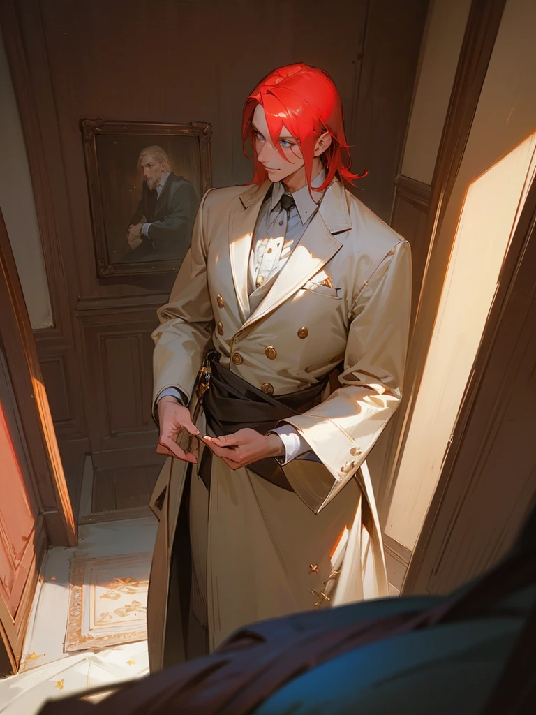 Masterpiece, Best quality, Realistic, 1 man, (elegant duke:1.3)handsome, tall, detailed, sharp eyes, Pale skin, Red hair, blue eyes, tired eyes, stars in his eyes, brash, stubborn, self-righteous, egotist, ((dark bedroom:1.2)), Clutter in the room, lots of details, ((masculine:1.2)), strong, slight smile, dtalesized light background, detailed lighting, highlights, (Sakimical Frank Franchetta, Heise Jinyao)