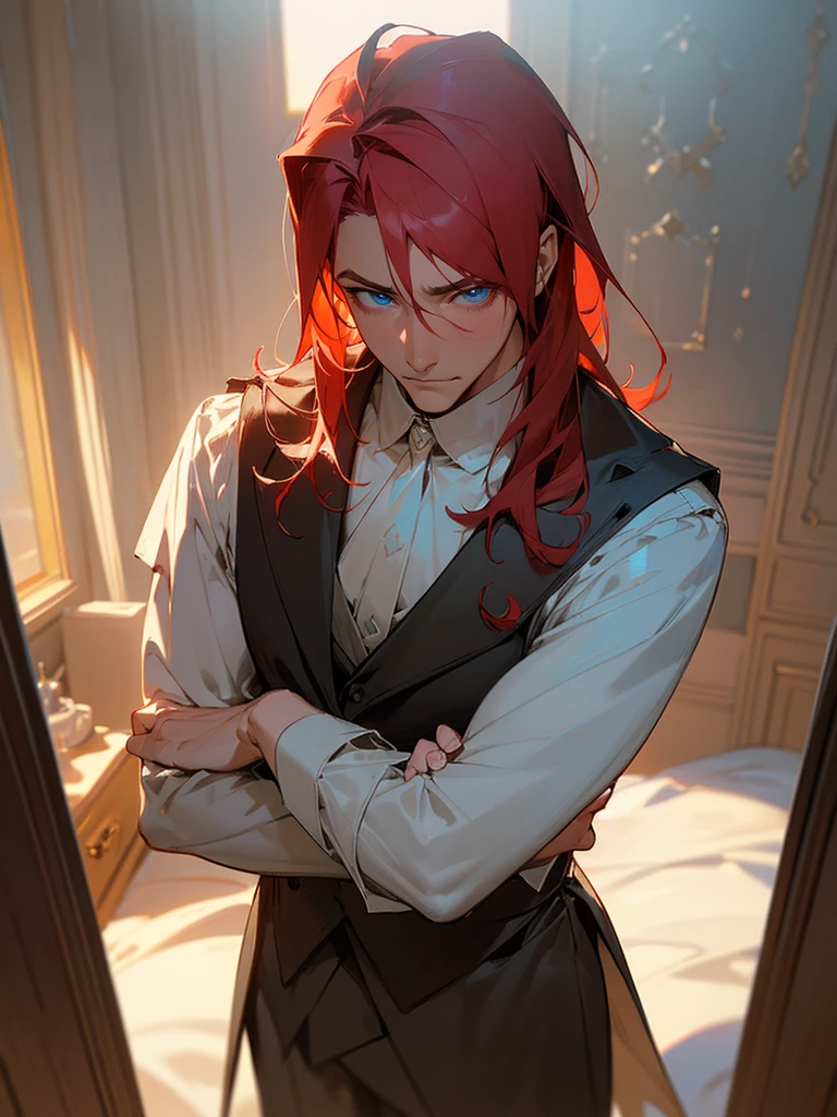 Masterpiece, Best quality, Realistic, 1 man, (elegant duke:1.3)handsome, tall, detailed, sharp eyes, Pale skin, Red hair, blue eyes, tired eyes, stars in his eyes, brash, stubborn, self-righteous, egotist, ((dark bedroom:1.2)), Clutter in the room, lots of details, ((masculine:1.2)), strong, slight smile, dtalesized light background, detailed lighting, highlights, (Sakimical Frank Franchetta, Heise Jinyao)