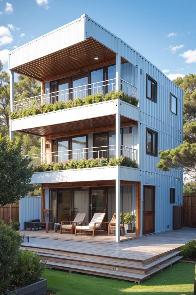 Container house with wooden deck and metal structure pergola on land with gardens and flowers with pine trees background and blue sky with white clouds