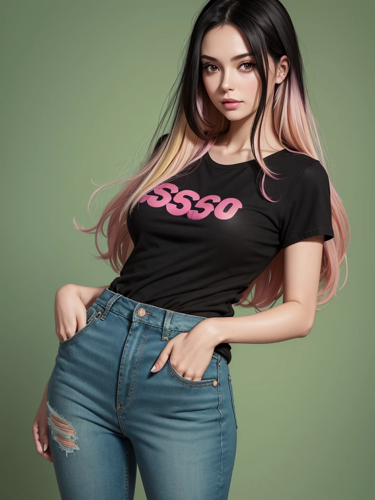 young woman, 30 years, portrait, Medium breasts, slim, long black hair with pink highlights, bang, Is it juniper, hot, Soft or colored lips, Russian, short green shirt, loose jeans, simple background, flat colors, perfect hands, Ideal ,

