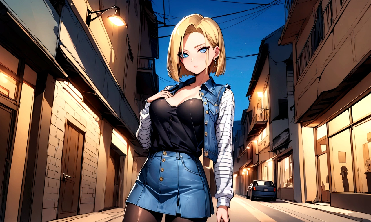 Best quality, A high resolution, and18, 1girl in, Android 18, Solo, Blonde hair, Blue eyes, Short hair, Earrings, jewelry, denim vest, Open vest, Black pantyhose, Black shirt, Denim skirt, Striped long sleeves, Blue skirt, Medium breasts, Cowboy shot, street, (Externally expanded Chest: 1.2)