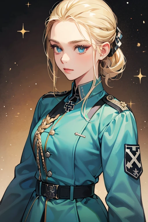 SHE HAS blond slicked back hair and blue eyes. SHe wears either a green Wehrmacht, or a Waffen-SS officer's uniform with a Knight's Cross of the Iron Cross on the collar. SPARKLE; GLITTER