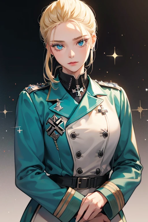 SHE HAS blond slicked back hair and blue eyes. SHe wears either a green Wehrmacht, or a Waffen-SS officer's uniform with a Knight's Cross of the Iron Cross on the collar. SPARKLE; GLITTER