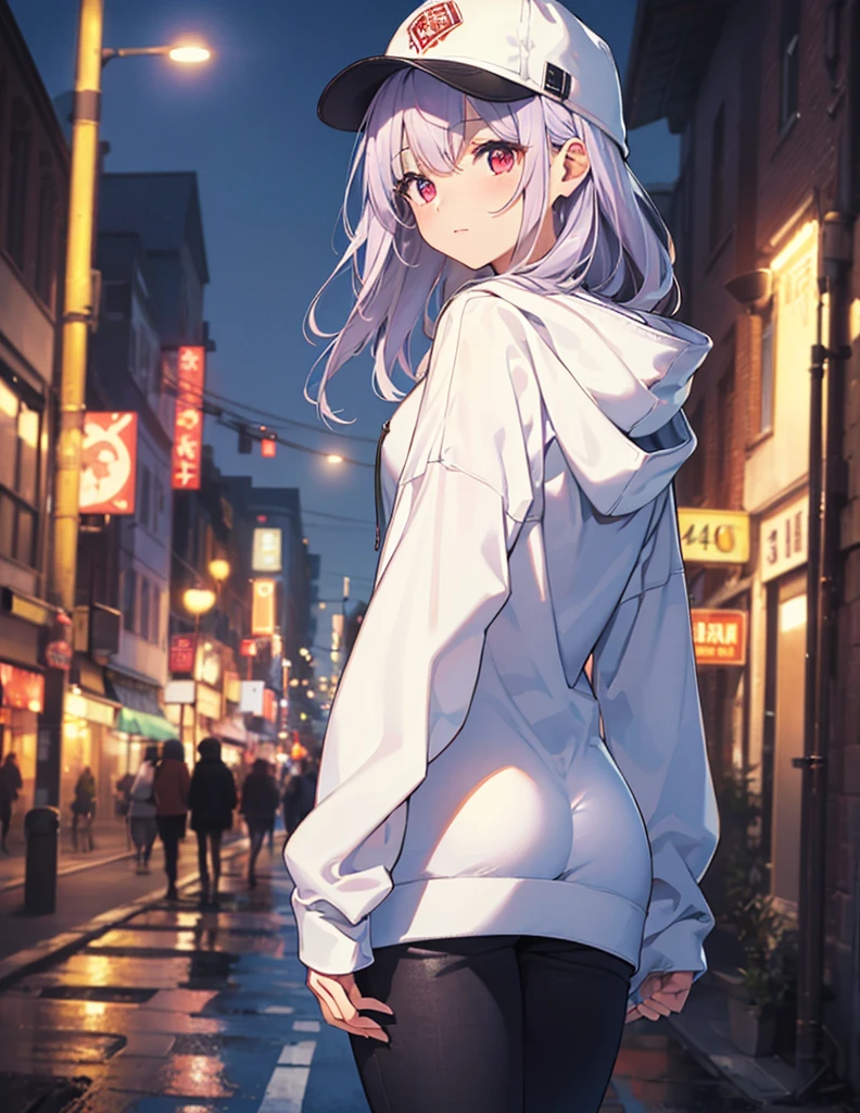 (Close-up:1.3),Realistic,Highest quality, Super detailed, High-quality CG rendering, The most delicate and beautiful, Floating softly, High resolution, (1 girl), (Highest quality,4K,8K,masterpiece:1.2), Light purple hair,Long Hair,Red eyes,(Pure white oversized long sleeve hoodie:1.3),(Black skinny pants:1.3),(Pure white cap:1.3),In the city,old buildings,(whole body:1.3),(Turn your back to your audience:1.3),Butt