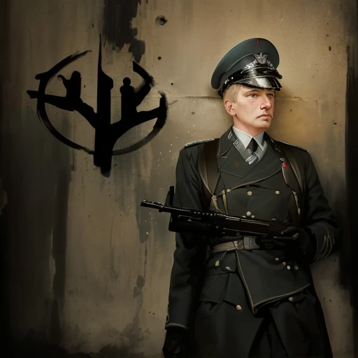 painting of a man in uniform holding a gun in front of a wall, inspired by Adolf Dietrich, hearts of iron portrait, inspired by Hans Fries, nazism, hearts of iron portrait style, inspired by Armin Hansen, inspired by Adolf Fényes, inspired by Wojciech Weiss, inspired by Oskar Lüthy
