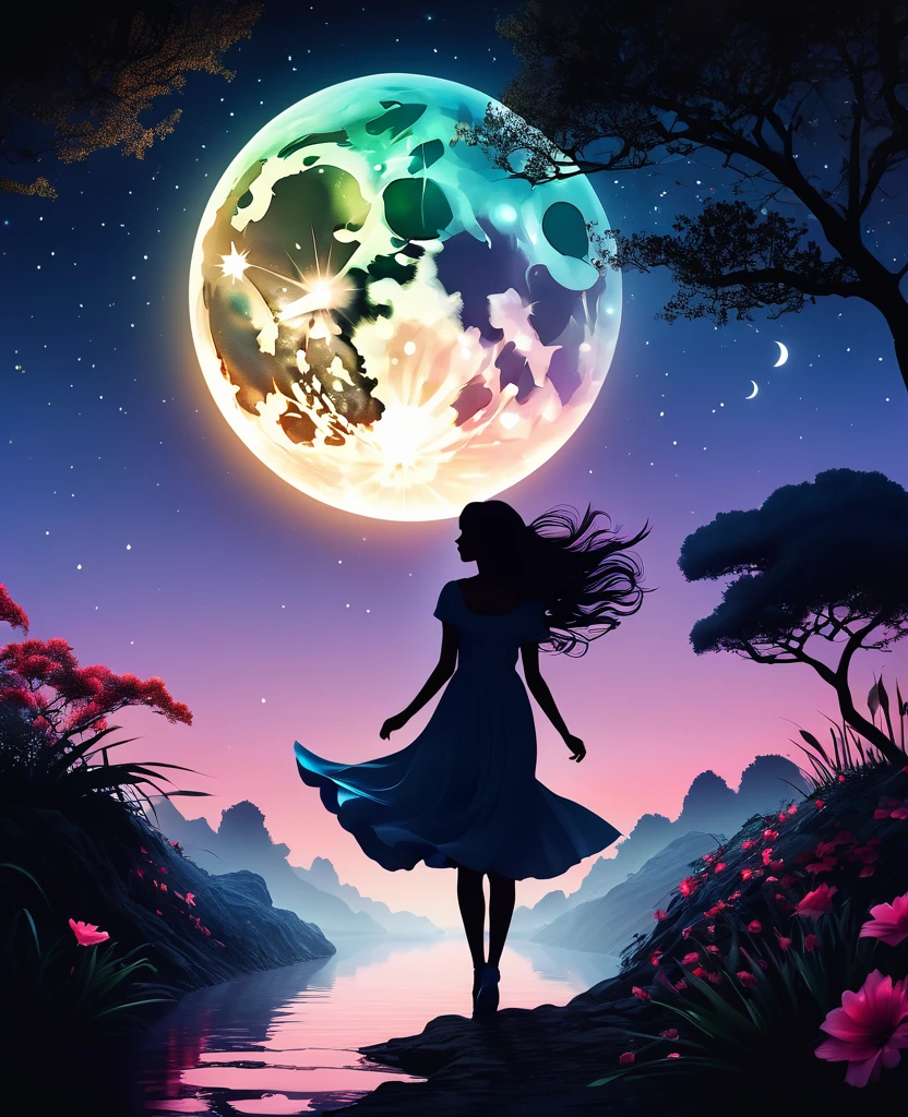 Silhouette Art，Girl silhouette texture clear，Graceful gesture，Soft curves，dance，Flowing Hair，moon，Dazzling Star。(Psychedelic style background)，Mysterious，twist，Whimsical，(Charming gardens)，Mysterious atmosphere，romantic。Delicate lines，Delicate texture，Contrasting shapes，Artwork，Surreal，Dramatic lighting，Hidden meaning，Grace，Depth of emotion，Evoke a sense of mystery and wonder，Thought-provoking and memorable，Otherworldly，change，moving，poetry，A unique visual story。The best quality at its best,4K,8K,High resolution,masterpiece:1.2,Super detailed,Actual:1.37