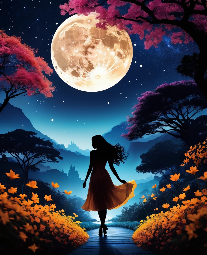 Silhouette Art,Girl silhouette texture clear,Graceful gesture,Soft curves,dance,Flowing Hair,moon,Dazzling Star。(Psychedelic style background),Mysterious,twist,Whimsical,(Charming gardens),Mysterious atmosphere,romantic。Delicate lines,Delicate texture,Contrasting shapes,Artwork,Surreal,Dramatic lighting,Hidden meaning,Grace,Depth of emotion,Evoke a sense of mystery and wonder,Thought-provoking and memorable,Otherworldly,change,moving,poetry,A unique visual story。The best quality at its best,4K,8K,High resolution,masterpiece:1.2,Super detailed,Actual:1.37