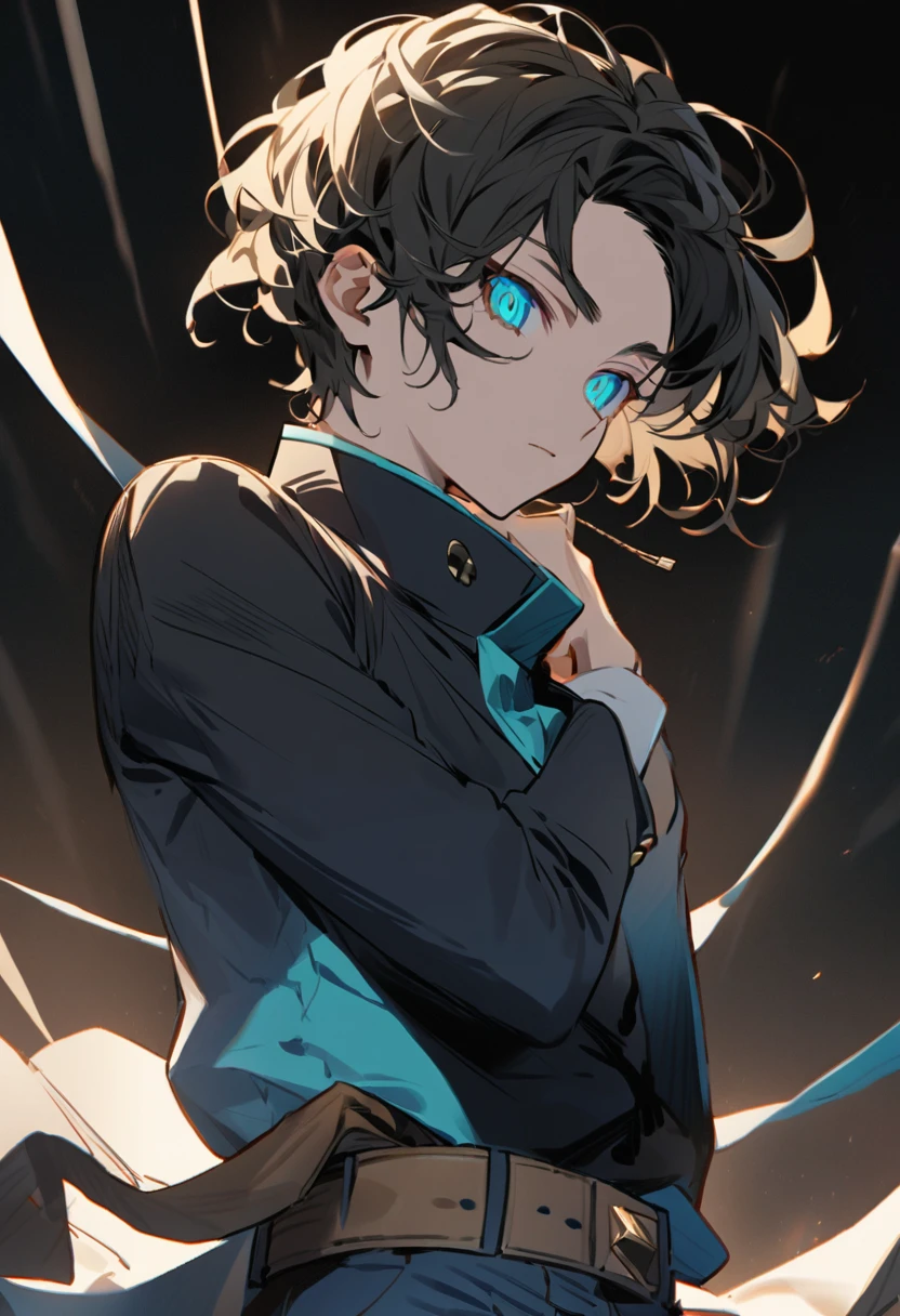 Yuzo is a 16-year-old young boy he is a cool headed introverted and reserved boy with bright small glossy turquoise eyes had a lot of detail to them making it seem as if he had sharp eyes, with unruly black hair, blond shaven temporal sides as his hair reached the bottom of his neck in with a stringy curly texture as his hair was curling up on the ends and the front was pushed upfront with some longer locks hanging down to his face his hair styled in a undercut fashion which showed more of his face and forehead and covered less of the front part of his face and eyes, despite this he had very attractive and handsome appearance*)
- (*Yuzo wore his version of the jujutsu high uniform he wore a a white long sleeve gakuran-style high collared close left-over-right sweatshirt with two swirl golden decor buttons attached to it with the shirt slightly tucked into navy blue slim button pants with a maroon belt around his waist flapping loosely off his hip