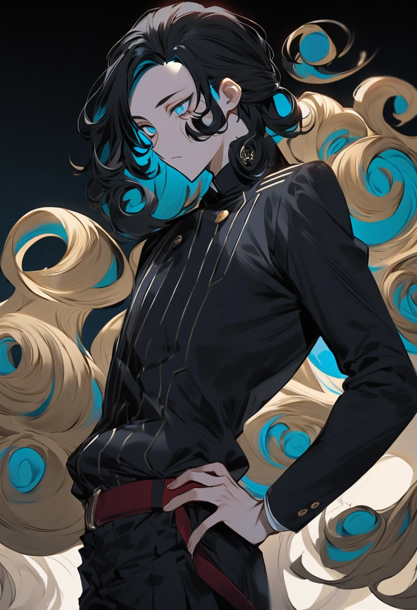 Yuzo is a 16-year-old young boy he is a cool headed introverted and reserved boy with bright small glossy turquoise eyes had a lot of detail to them making it seem as if he had sharp eyes, with unruly black hair, blond shaven temporal sides as his hair reached the bottom of his neck in with a stringy curly texture as his hair was curling up on the ends and the front was pushed upfront with some longer locks hanging down to his face his hair styled in a undercut fashion which showed more of his face and forehead and covered less of the front part of his face and eyes, despite this he had very attractive and handsome appearance*)

- (*Yuzo wore his version of the jujutsu high uniform he wore a a white long sleeve gakuran-style high collared close left-over-right sweatshirt with two swirl golden decor buttons attached to it with the shirt slightly tucked into navy blue slim button pants with a maroon belt around his waist flapping loosely off his hip