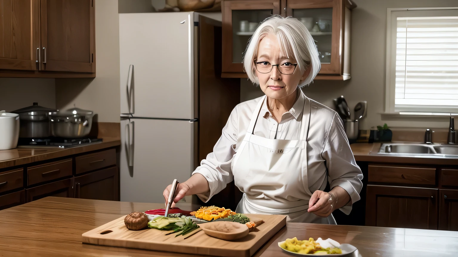 a single elderly woman with white hair wearing glasses and a cooking apron serving the rectangular table full of food