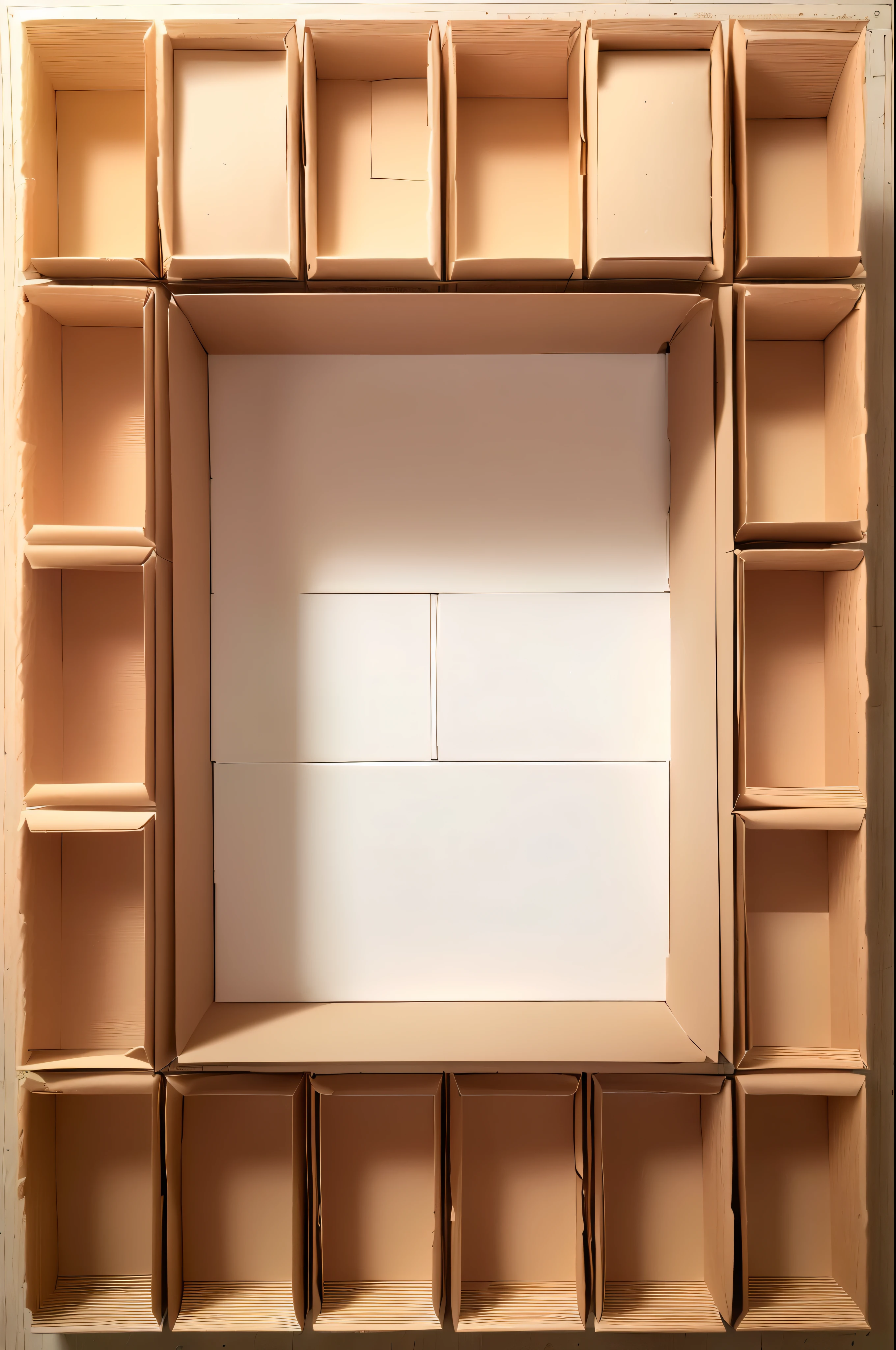 there is a Brown color Cardboard box picture of a square cardboard box shelf with a square design, Empty cardboard box, no contents inside the cardboard, inside a frame on a tiled wall, inspired by Rachel Whiteread, in a cardboard box. top down photo, top - view, layout frame, simple ceiling, rectangular piece of art, set photo, by Rachel Whiteread, inside its box, all inside frame, with everything in its place