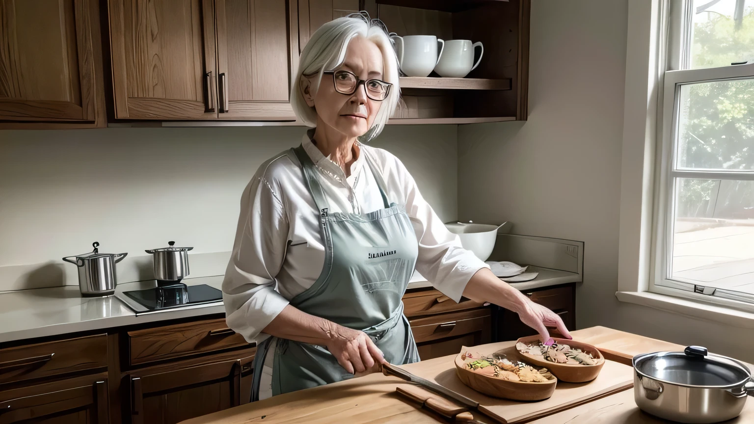 a single elderly woman with white hair wearing glasses and a cooking apron serving the rectangular table full of food