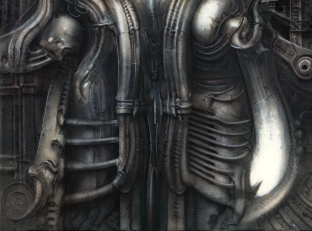 Giger_style, The image is a detailed view of H.R. Giger's Tableau \" Biomechanical Landscape No 312 \" plate.
 The image is a  photograph of a complex, abstract bone and ivory structure that resembles pipes and wires. The structure is composed of numerous pipes and wires intertwining and overlapping each other in a chaotic yet harmonious manner.
The style  is clearly biomechanical. Features combination of organic and mechanical forms. Mechanical elements dominate the background of composition, there are subtle organic hints. The use of undersaturated purple-grays dark contrasts creates a stark and graphic look. Is used a variety of linework techniques to create different textures. Fine, parallel lines create a smooth, metallic texture,while thicker, more cursive lines suggest cables or wires. The artwork is shiny and purplish brown, with an ivory bones prominently displayed. The image is highly detailed and intricate, almost like a 3d version of a medical diagram (detailed view of an anatomy sketch, possibly of a humanoid body, with transparent organs and bones exposed). The piece has a thick mechano-organic texture and is covered in fine details. The image has a swirling, organic quality to it. The artistic manner would be unmistakably Gigeresque. A dark and unsettling beauty would permeate the piece, blurring the lines between fascination and repulsion , forever haunted by the grotesque allure. Giger's signature artistic manner would be evident in every stroke. The airbrush would be wielded with masterful precision to create a hyperrealistic yet yet nightmarish aesthetic.
 The texture of ivory with signs of burning and fossilization can be seen in the mix of smooth and rough brushstrokes. By Peter mohrbacher,hrgiger,,HRGigerArhP style,H.G. Giger Style, Biomechanics