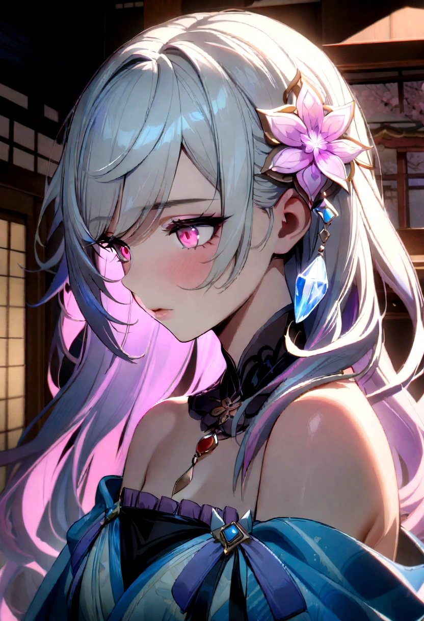 masterpiece, best quality, Extremely detailed, absurd, Expressive clothes, Exquisite fabric highlights, Ray Tracing, Fantasy style, 1 Girl , Upper Body , portrait , Tilting your head , Hanfu , Heart , kimono , (Variegated hair:1.4) , Off-shoulder, Pink Eyes , Japanese Architecture, indoor , Light and Shadow, Crystal Flower,hutao\(Genshin Impact\),