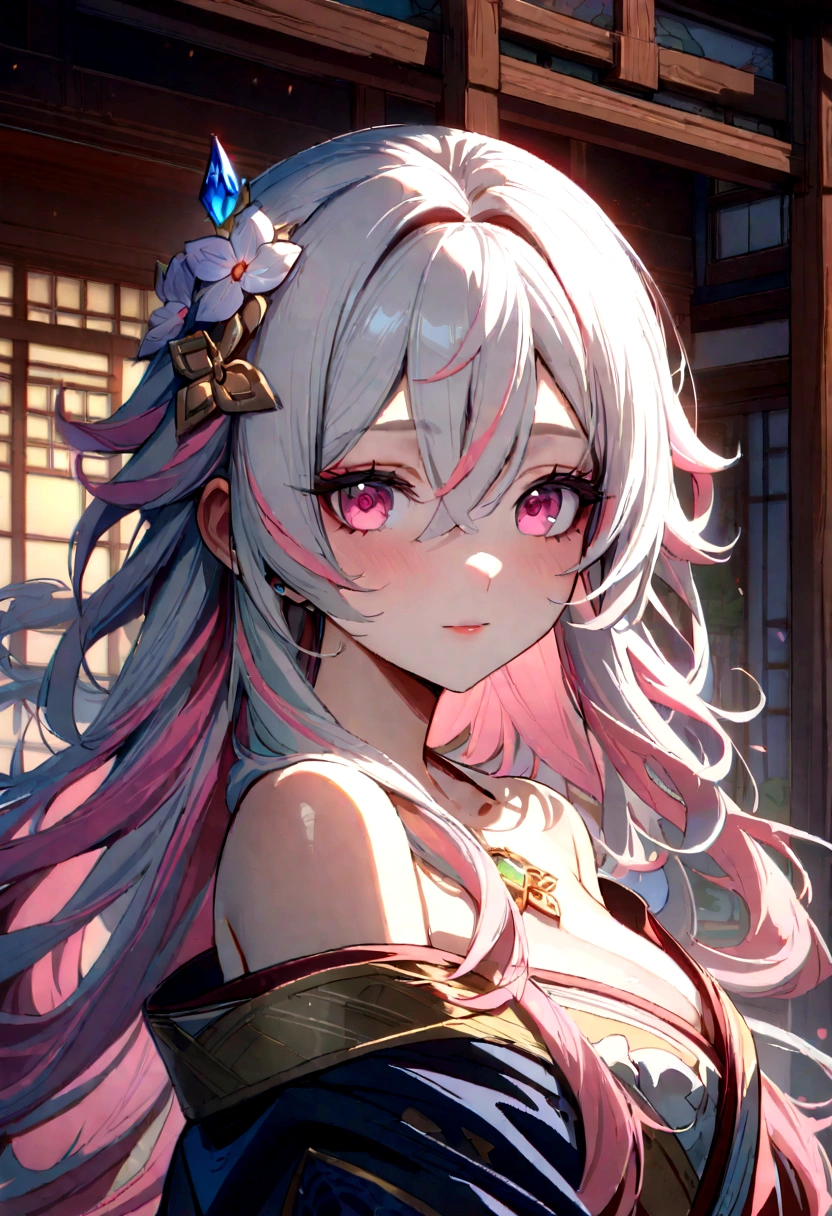 masterpiece, best quality, Extremely detailed, absurd, Expressive clothes, Exquisite fabric highlights, Ray Tracing, Fantasy style, 1 Girl , Upper Body , portrait , Tilting your head , Hanfu , Heart , kimono , (Variegated hair:1.4) , Off-shoulder, Pink Eyes , Japanese Architecture, indoor , Light and Shadow, Crystal Flower,hutao\(Genshin Impact\),