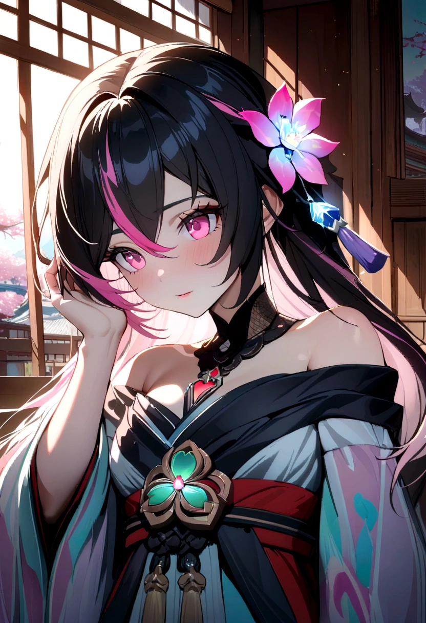 masterpiece, best quality, Extremely detailed, absurd, Expressive clothes, Exquisite fabric highlights, Ray Tracing, Fantasy style, 1 Girl , Upper Body , portrait , Tilting your head , Hanfu , Heart , kimono , (Variegated hair:1.4) , Off-shoulder, Pink Eyes , Japanese Architecture, indoor , Light and Shadow, Crystal Flower,hutao\(Genshin Impact\),