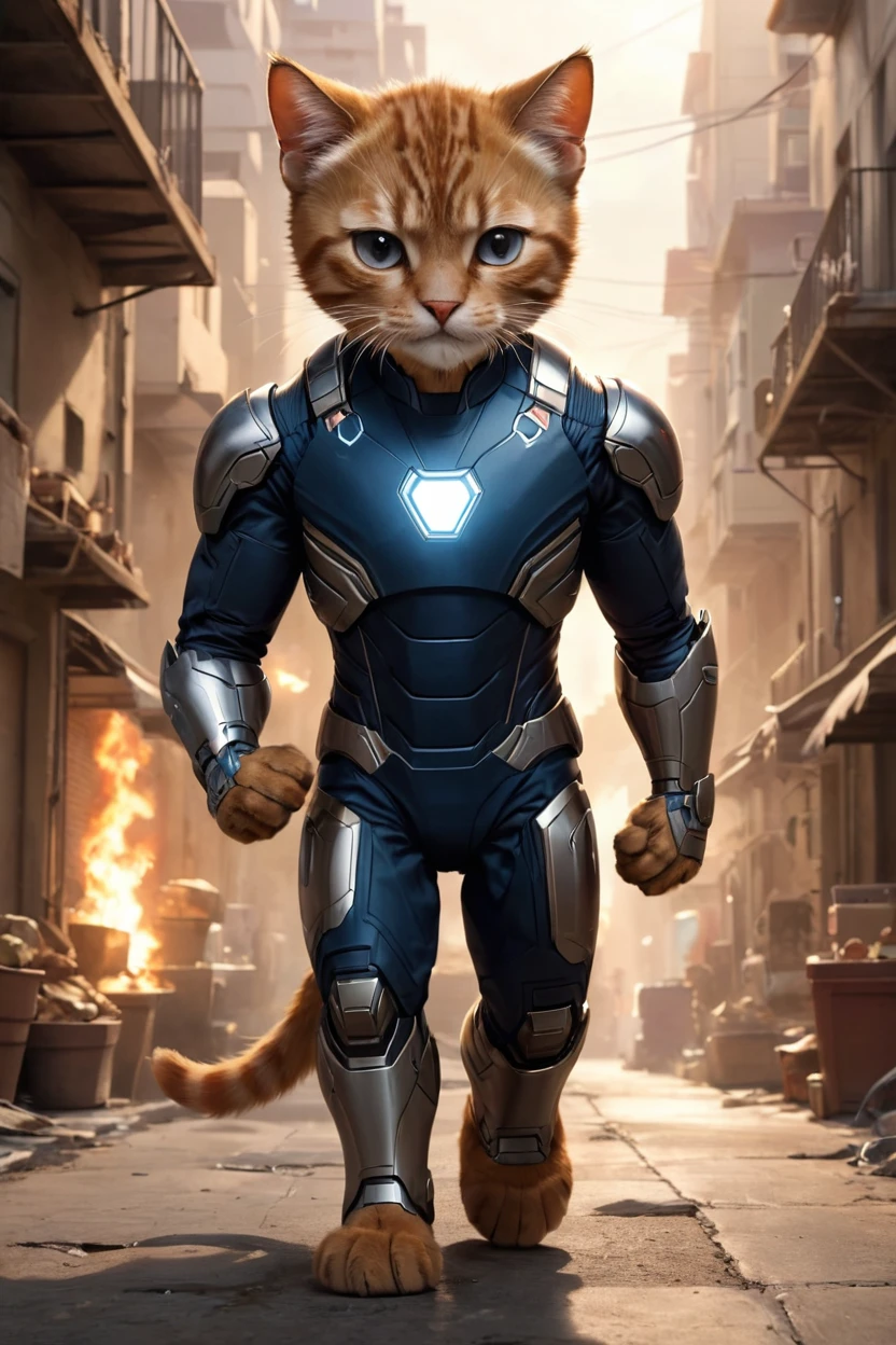 small, There are no humans in this world、The world of anthropomorphized cats、He works in Tony Stark's garage developing the Iron Man suit.、かわいいbornき物全身, Costumes,、 Fantasy art, Exquisite detail, An anthropomorphic, fat, furry tabby kitten with yellow eyes, Movie Scenes, Dramatic shot angles, , Realistic, born々Amazing cinematic photorealism, Action Portrait, 8K, detailed, Full Frame