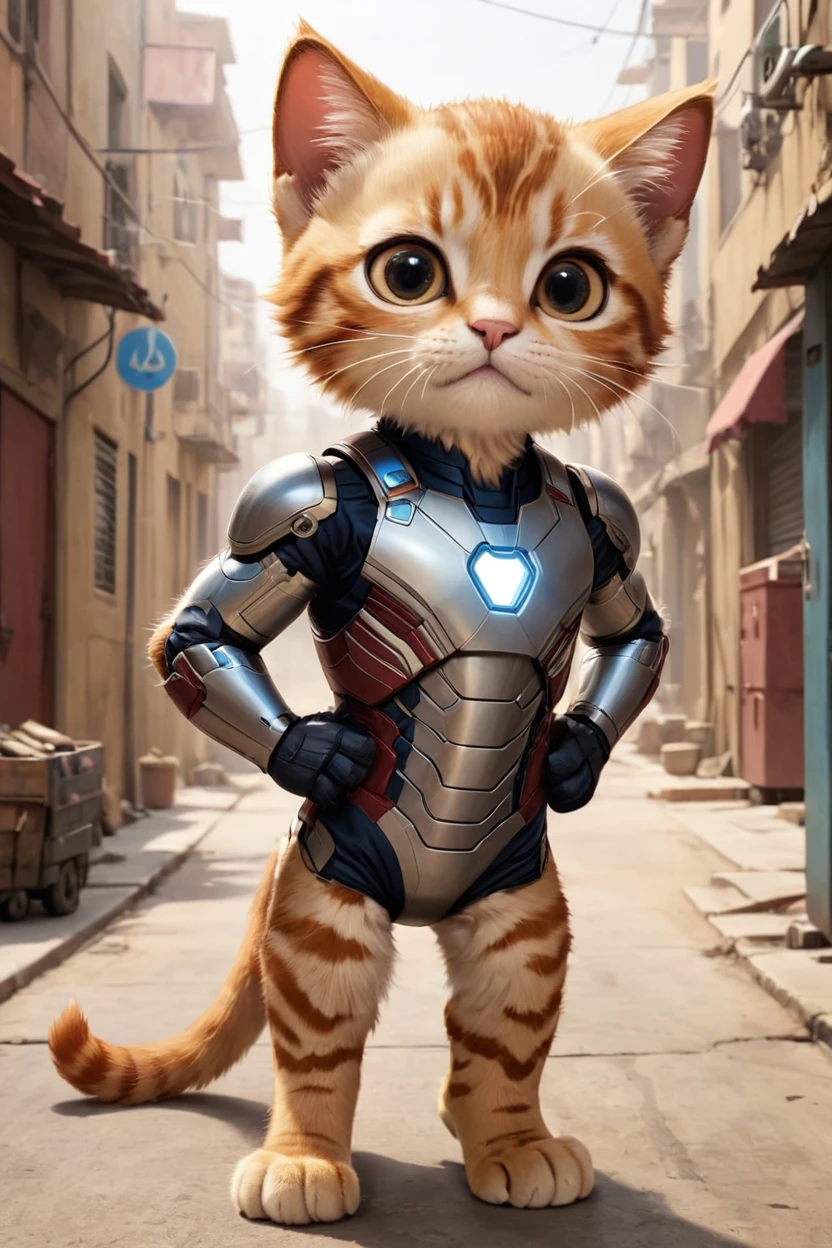 small, There are no humans in this world、The world of anthropomorphized cats、He works in Tony Stark's garage developing the Iron Man suit.、かわいいbornき物全身, Costumes,、 Fantasy art, Exquisite detail, An anthropomorphic, fat, furry tabby kitten with yellow eyes, Movie Scenes, Dramatic shot angles, , Realistic, born々Amazing cinematic photorealism, Action Portrait, 8K, detailed, Full Frame