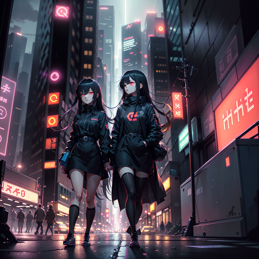 flat 2d anime,1girl,long hair,black hair,red eyes,red eyes,neon lights A dark-haired girl named Akira with long black hair and red eyes, wearing a black dress, walking to work in a bustling, modern futuristic city. The city is alive with activity, with people rushing by, cars and buses moving, and tall skyscrapers surrounding her. The atmosphere is urban and vibrant, with neon lights and holographic billboards, contrasting with Akira's calm and mysterious presence. The background includes bright city lights, advanced technology, and street vendors, emphasizing the busy city life. The tone should be in a dark art style