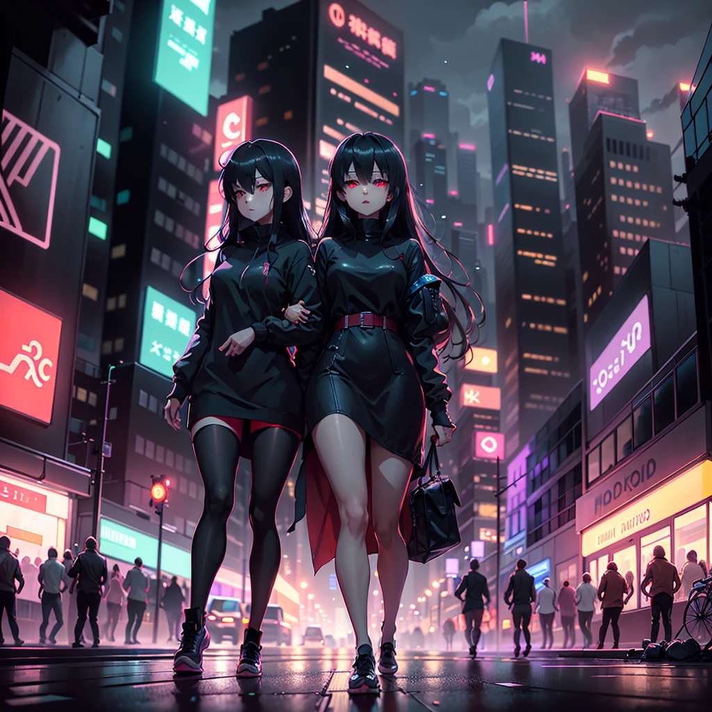 flat 2d anime,1girl,long hair,black hair,red eyes,red eyes,neon lights A dark-haired girl named Akira with long black hair and red eyes, wearing a black dress, walking to work in a bustling, modern futuristic city. The city is alive with activity, with people rushing by, cars and buses moving, and tall skyscrapers surrounding her. The atmosphere is urban and vibrant, with neon lights and holographic billboards, contrasting with Akira's calm and mysterious presence. The background includes bright city lights, advanced technology, and street vendors, emphasizing the busy city life. The tone should be in a dark art style