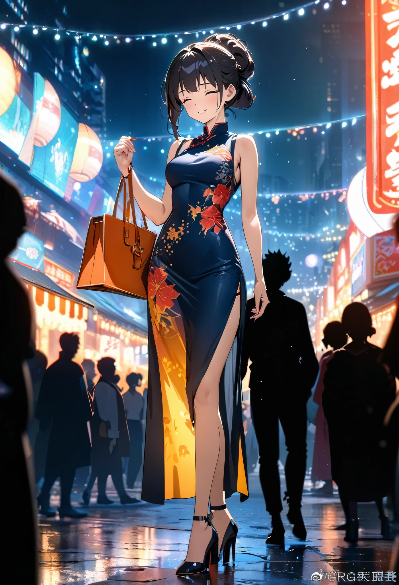 (best quality,8k,highres, masterpiece:1.2), (anime style),ultra-detailed, HDR, UHD, studio lighting, ultra-fine painting, sharp focus, physically-based rendering, extreme detail description, professional, vivid colors, bokeh, portraits, concept artists, warm color palette, dramatic lighting,Summer festival night,1 beautiful woman,(no sleeves China dress),updo, big smile, closed eyes, (The cityscape lined with the fairs of summer festivals),(beautiful hair, glowing skin,),(Silhouette of a passing crowd),(anime style),(high heels with straps),Holding a Hermès Kelly Bag