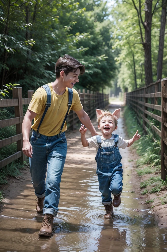 A young boy and a piglet running through a muddy pathway surrounded by wooden fences. The sunlight filters through the trees in the background, casting a warm glow on the scene. The boy, with a joyful expression, is wearing a yellow shirt, blue overalls, and brown boots. The piglet, with its ears perked up, appears to be excitedly following the boy., photo