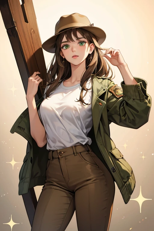 SHE has brown hair, green eyes, and olive skin. SHe wears a brown jacket, with brown pants and a white t-shirt. SHe occasionally wears a brown hat. She is shown to carry a giant cross, SPARKLE; GLITTER