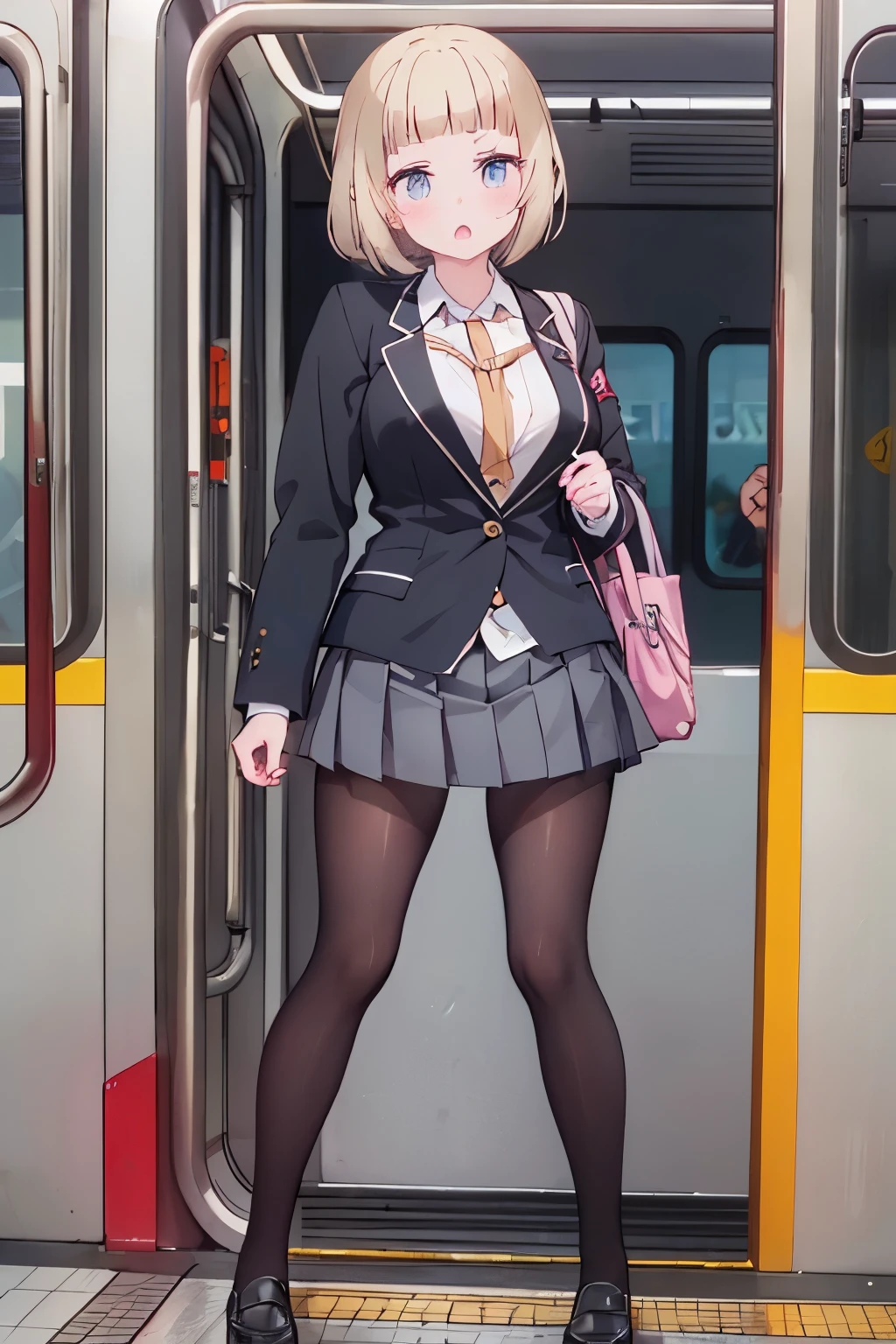 (8K、Highest quality、highest quality、masterpiece)、Detailed face、One girl、on the train、((Pressing her chest against the train window 1.4))、、short hair、、blunt bangs、Grey Eyes、、、((Blazer jacket uniform))、((Pleated skirt))、((No panties))、((bent over))、Back Alley Background、Very large breasts、Nipples are visible、、Black Pantyhose、Milk dripping from nippleilk spurting from the nipple、、Open your mouth、Troubled face、Love juice from the genitals、Full body portrait、Black Loafers、One man、Hearts in the eyes、Sex with a man、A man stands behind