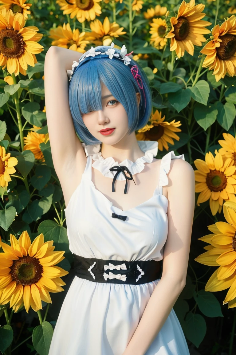 best quality, tmasterpiece,Ultra-high resolution,Clear face,（Reality：1.4），ferpect lighting，(upper body shot:1.5), (photorealistic:1.50), anime wallpaper, Guviz style artwork, cover-up fantasy up to magic , by Yang J, Guviz, beautiful artwork illustration, beautiful digital artwork, beautiful digital illustration, Li Song, beautiful anime portrait, art style in Beauvot,1girl,rem(re-zero),blue_eyes,blue_hair,blue_sky,blush,cloud,day,dress,field,flower,flower_field,from_side,hair_between_eyes,hair_flower,hair_ornament,hat,hat_flower,hat_ribbon,lens_flare,looking_at_viewer,open_mouth,outdoors,pink_flower,plaid,plaid_ribbon,ribbon,short_dress,short_hair,shoulder_blades,skirt_hold,sky,sleeveless,sleeveless_dress,独奏,standing,strap_gap,straw_hat,sun_hat,sundress,sunflower,sunflower_field,white_dress,yellow_flower,yellow_hat,