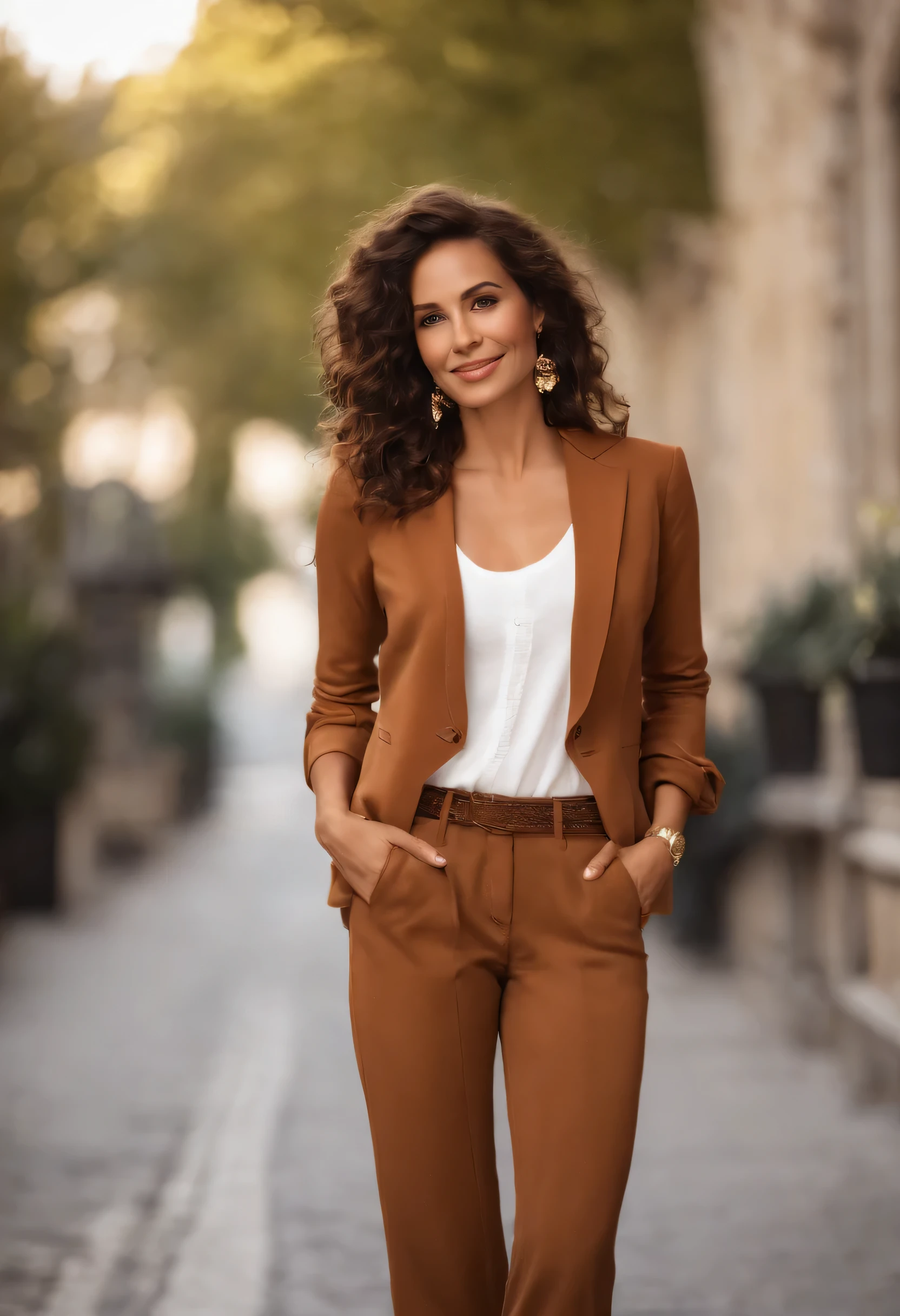 Create a female avatar representing a 30-year-old French woman, measuring approximately 1m65. She has slightly wavy brown hair, Shoulder length cut. Your face displays a natural and benevolent smile., with expressive brown eyes. Your skin has a slightly tanned tone, Reflection of a Mediterranean complexion. Regarding clothing style, She wears a casual outfit, yet elegant, consisting of tight jeans and a comfortable sweater. The goal is to create a realistic and authentic female avatar, Reflection of a modern woman, confident and approachable in everyday life. Disney Effect