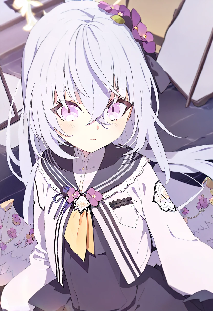 azusa \(blue archive\),1girl blush, wedding blue_archive azusa_(blue_archive) highres 1girl angel_wings black_dress blush closed_mouth cowboy_shot dress feathered_wings flower grey_hair hair_between_eyes hair_flower hair_ornament halo jacket long_hair long_sleeves open_clothes open_jacket purple_eyes purple_flower simple_background solo white_background white_jacket white_wings wings yellow_halo