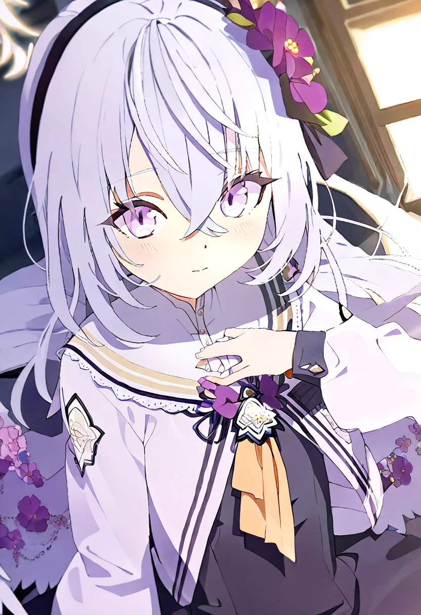 azusa \(blue archive\),1girl blush, wedding blue_archive azusa_(blue_archive) highres 1girl angel_wings black_dress blush closed_mouth cowboy_shot dress feathered_wings flower grey_hair hair_between_eyes hair_flower hair_ornament halo jacket long_hair long_sleeves open_clothes open_jacket purple_eyes purple_flower simple_background solo white_background white_jacket white_wings wings yellow_halo