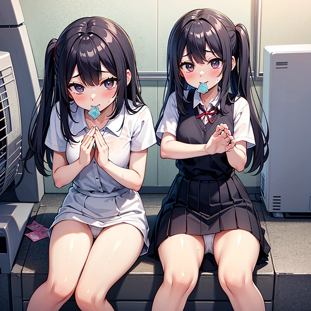 ,blush、Put a  in your mouth、 Sweat,White 、Lift up your skirt with your hands、Sit on the air conditioner's outdoor unit、((Highest quality)), ((Metersasterpiece)), (detailed),High resolution,  Perfect Face,Meters, Long wavy brown hair, She is standing outdoors, she sMetersile, She is 20 years old, She is wearing a turtleneck sweater, she is wearing a skirt, She is wearing pantyhose, Wear black stockings, She wears boots, Green Eyes, She is carrying a red backpack, Metersasterpiece, Sharp focus, Highest quality, whole body, Wearing a white hat