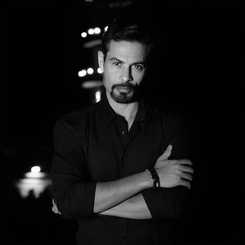 Typical successful Brazilian aesthetic man, 45 years old with beard, wearing black suit, white tie, holding a cell phone, brown skin color