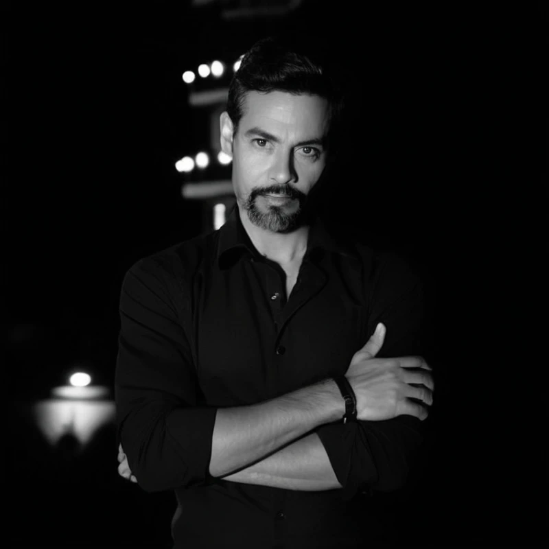 Typical successful Brazilian aesthetic man, 45 years old with beard, wearing black suit, white tie, holding a cell phone, brown skin color