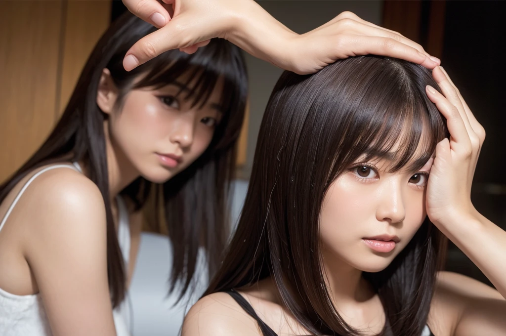 Glossy hair　Hand combing　1 person　Japanese women　50 years old　Touching hair with hands