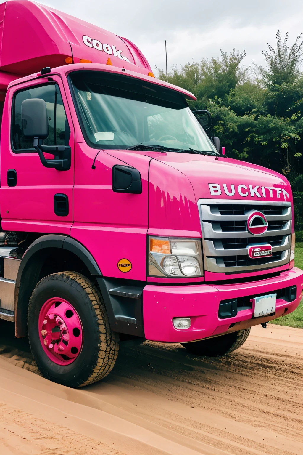truck with bucket, Pink colour , that it has a female driver and that she is eating a cookie