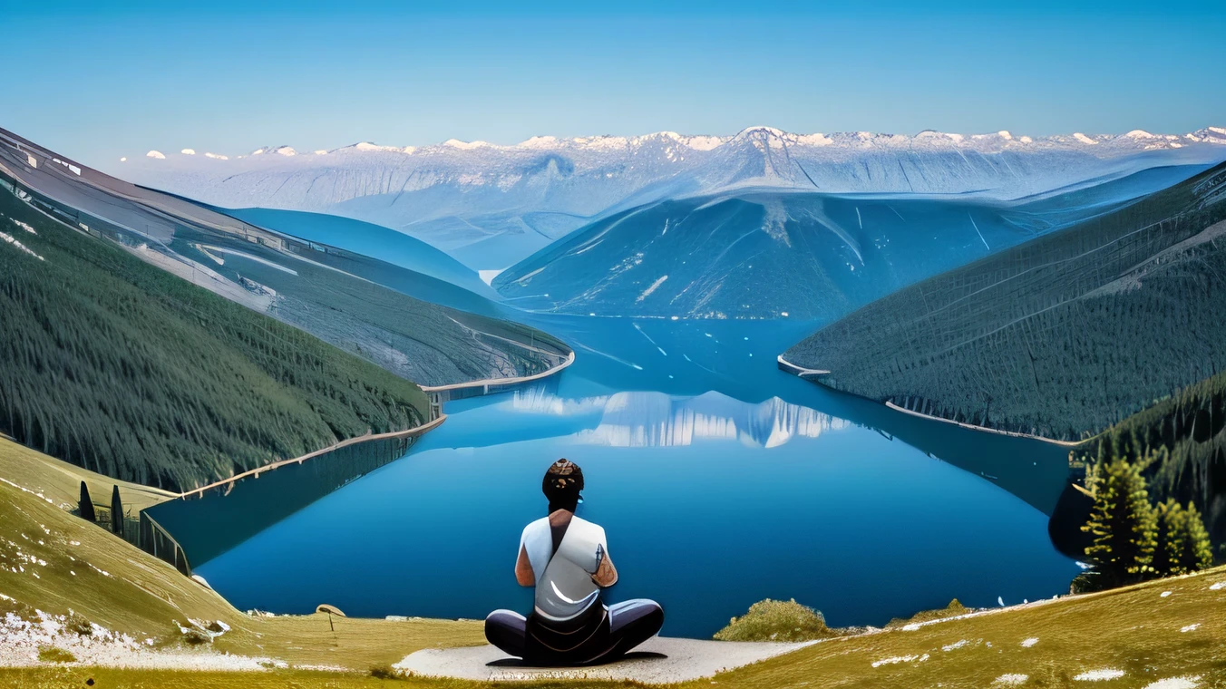 Dreamscape. Lakes amid mountains. A person meditating in the distance