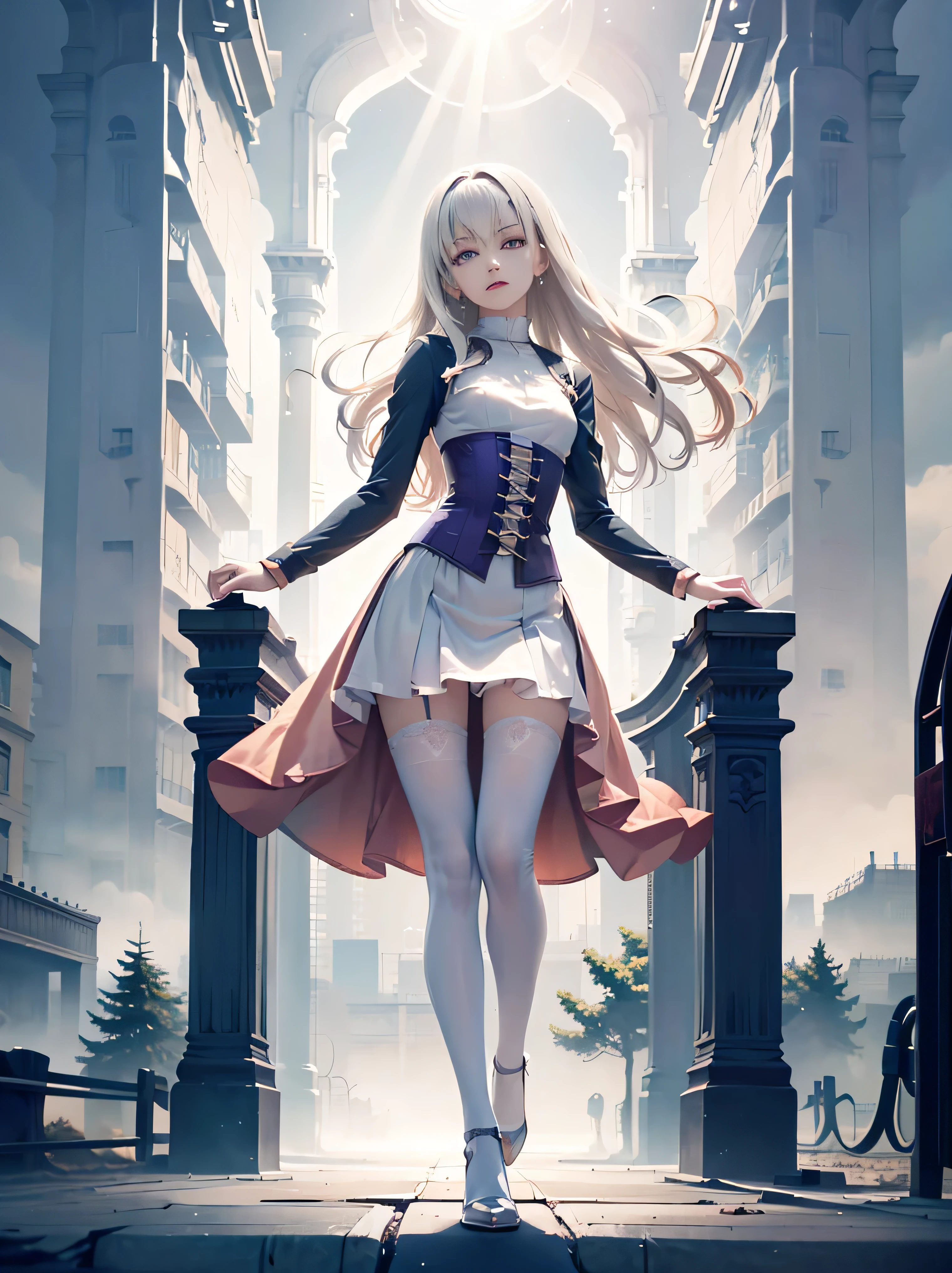 ((absurdres)), hd, uhd, (((HDR))), ((best quality)), (ultra high quality), (hi-res), realistic, ((1girl)), solo, alone, melusine, (blood orange eyes), (long white hair), sidelocks, (forked eyebrows), ((light purple dress)), dress, ((small breasts)), (((corset))), frills, long sleeves, white thighhighs, zettai ryouiki, ((looking at viewer)), ((dynamic pose)), hips tilted, leg behind, arm out, lean, fairy forest city, outside, forest city buildings, sidewalk, cobblestone, trees, daytime, additional lighting, sunlight on face, noon, bright sun, forest scenery, doortoinfinity, (five fingers), ((full body))