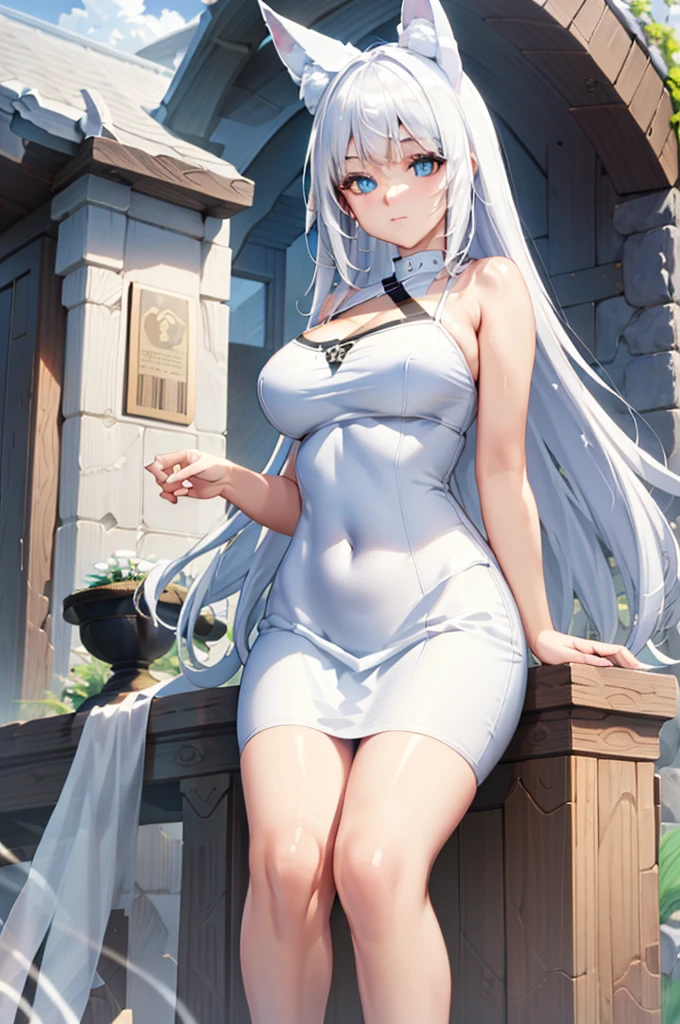 (8k, RAW photo, best quality, masterpiece:1.2), (intricate details), perfect eyes, perfect face, perfect lighting, beautiful, (masterpiece:1.2), (best quality:1.2), 1girl, solo, white fox girl, white hair, ((long loosen hair)), fox ears, white long fluffy tail, adult torso, , slight smile, huge sized breasts, ( blue dress), cowboy shot, 3DMM, seated, front view