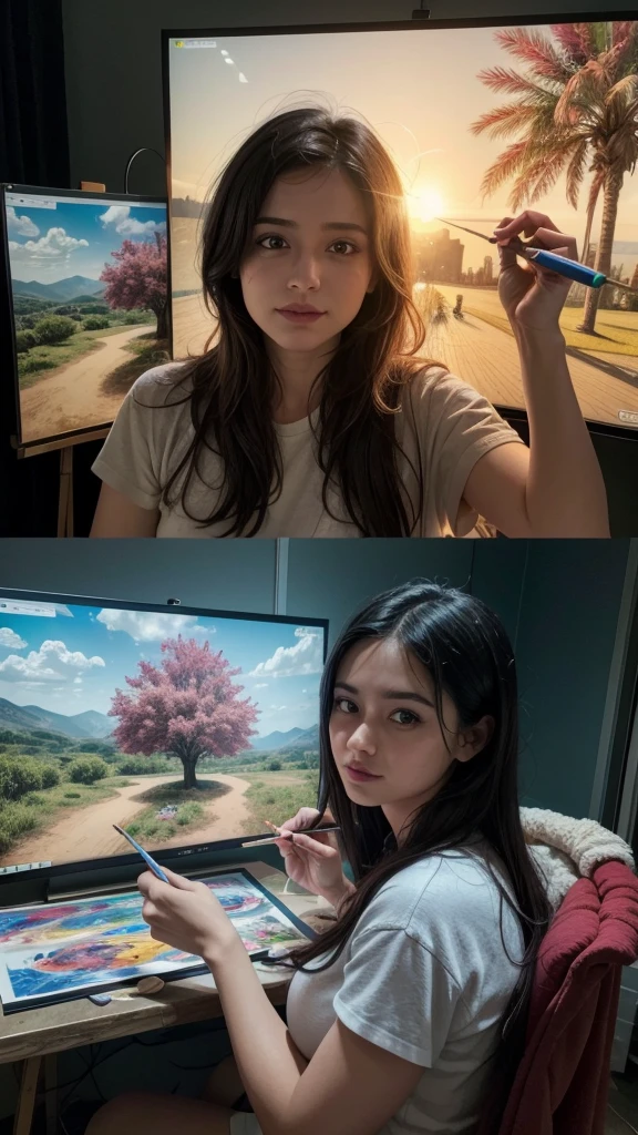 1. "Lara painting in her home studio, surrounded by her vibrant artwork."
2. "A virtual gallery where Lara's paintings come to life and interaction with visitors."
3. "Lara received a notification of her first successful sale on the 'wallbit' app."
4. "A collection of digital art created by Lara, showcasing a unique style that combines the traditional with the modern."
5. "Lara teaching an online art workshop to aspiring artists from around the world."
6. "An animation of Lara turning a sketch into a colorful masterpiece using the 'wallbit'."
7. "The moment Lara sees her name highlighted in a famous digital art magazine."
8. "Lara collaborating with other digital artists on a global creative project."
9. "A celebration of Lara's success, with a virtual fireworks display and positive feedback from fans." REALISTIC