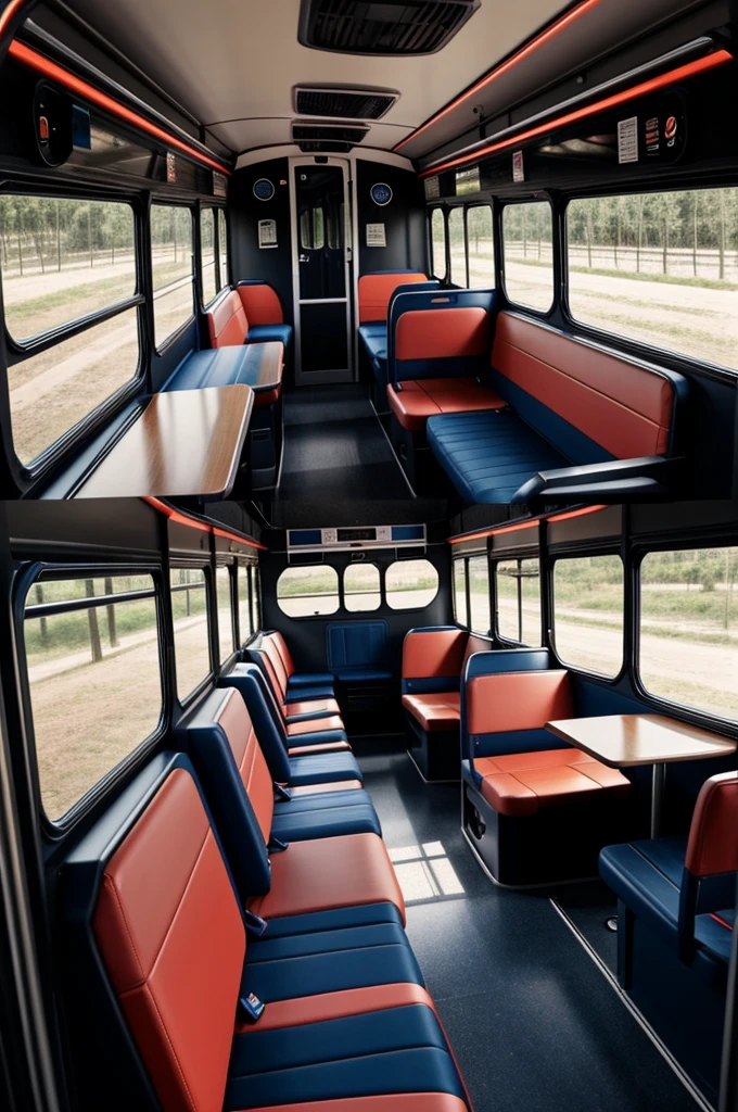 The interior of a bus that has LED lights and in the seats that has folding tables with comfortable seats 