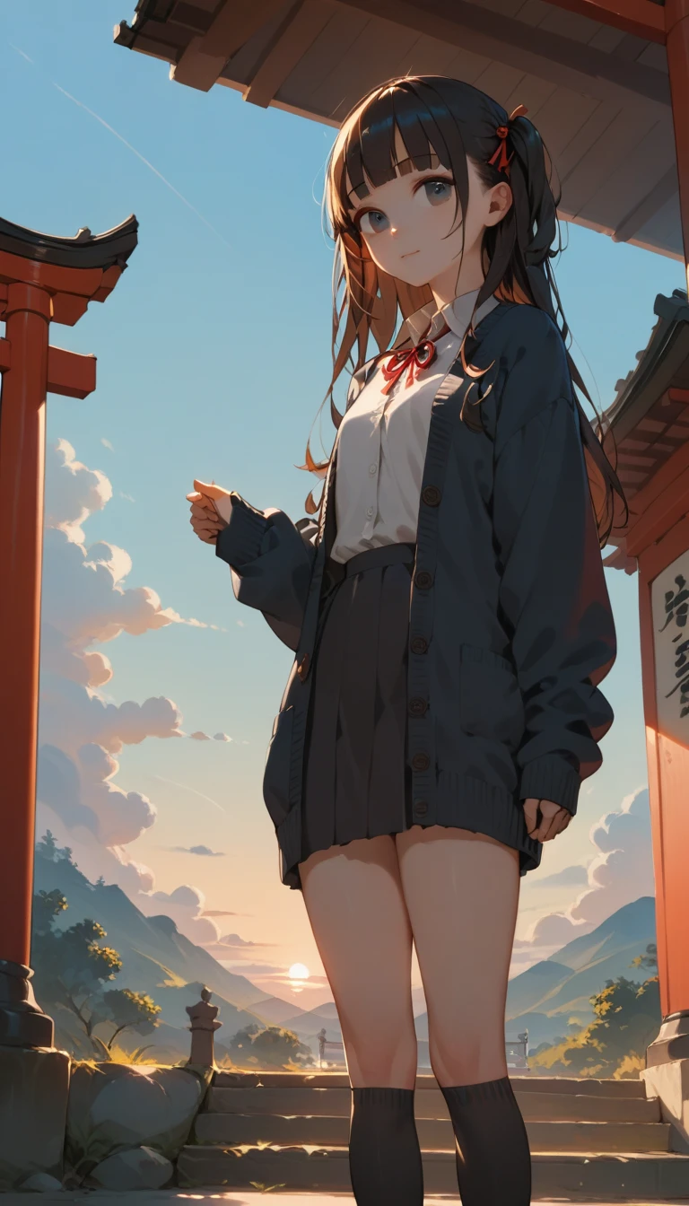 One Girl, (Sunset sky), Standing and waving, School Area, Countryside landscape, scenery, School Cardigan, (Sleeves are longer than the wrist), Powerful loafers, Black ash two side up hair, Blunt bangs, Beautiful dark eyes, Black knee socks, Cinema Lighting, Upper Body, :3,Long staircase、torii、A prestigious shrine