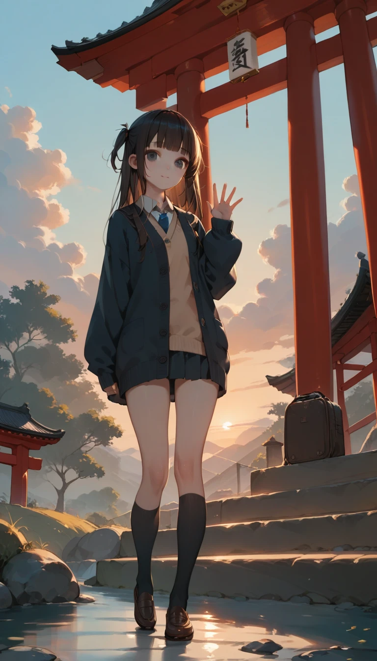 One Girl, (Sunset sky), Standing and waving, School Area, Countryside landscape, scenery, School Cardigan, (Sleeves are longer than the wrist), Powerful loafers, Black ash two side up hair, Blunt bangs, Beautiful dark eyes, Black knee socks, Cinema Lighting, Upper Body, :3,Long staircase、torii、A prestigious shrine