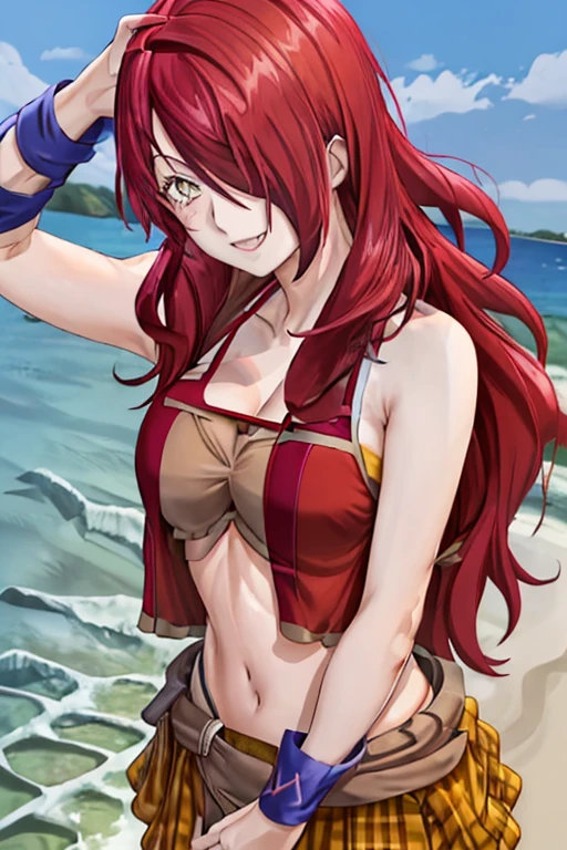 ((masterpiece,best quality)), absurdres, Kobayashi_Rindou_Shokugeki, 1girl, solo, red hair, long hair, hair over one eye, yellow eyes, wearing red bikini, solo, smiling, looking at viewer, cowboy shot, beach background