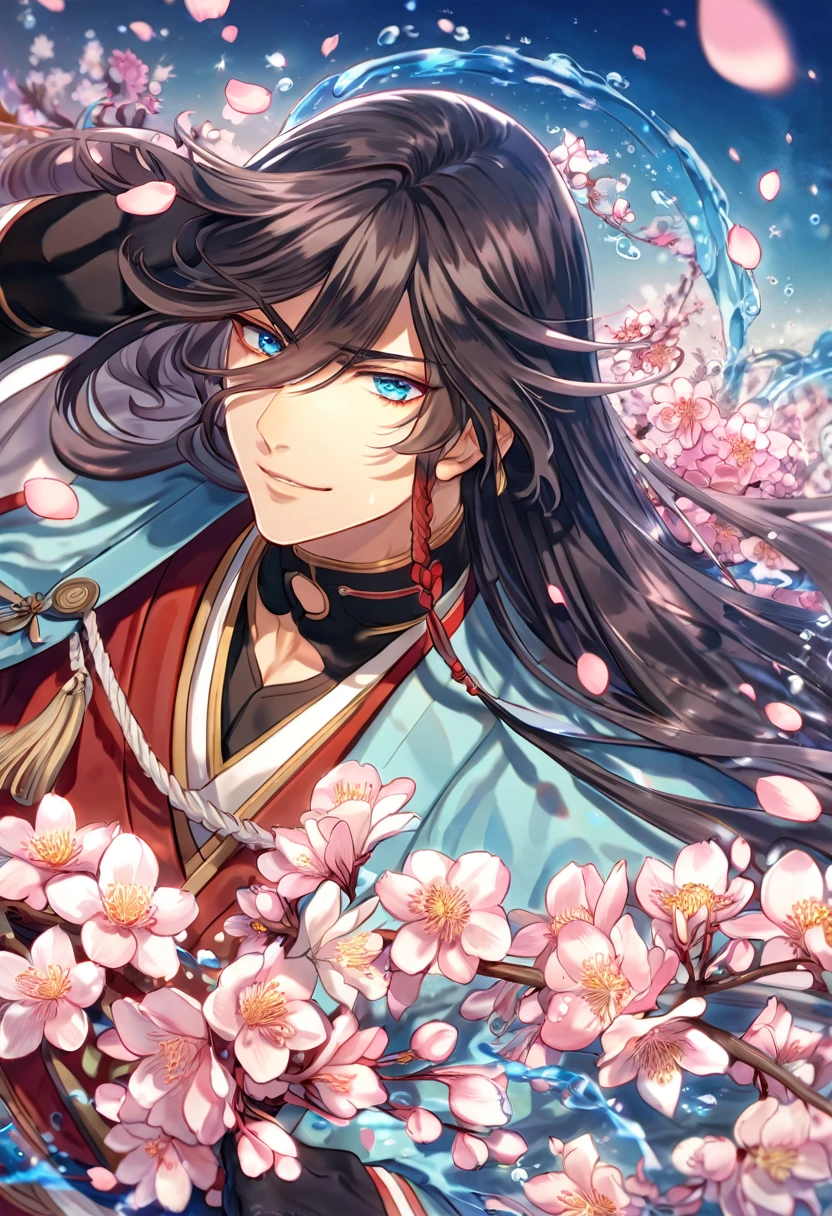 Ultra detailed, highres, absurdres, HDR, master piece, Izuminokami Kanesada, black long hair, expressive blue eyes, red clothes, light blue haori, black gloves, Touken Ranbu, fantasy, pink petals, water, pink flowers, handsome, sexy man, solo, magical, best quality, blossoms, handsome smile, blue shining fireflies, 