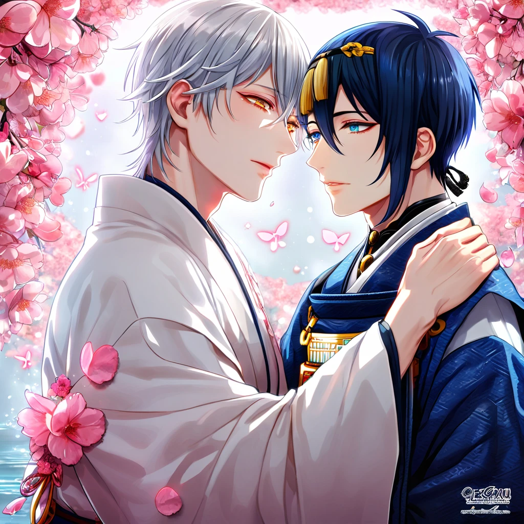 absurdres, highres, ultra detailed, HDR, master piece, best quality, Mikazuki Munechika, dark blue hair, expressive blue eyes, Touken Ranbu, Tsurumaru Kuninaga, white hair, expressive yellow eyes, white eyelashes, two sexy men together, gay couple, yaoi, handsome, dark blue kimono, white kimono, fantasy, shining, water, pink flowers, pink blossoms, pink butterflies, pink petals