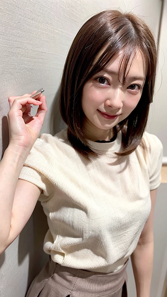 (Highest quality, 8K, 32k, masterpiece, Ultra-high resolution: 1.2), 1 Girl, Beautiful Japanese Woman, Narrow waist, (Lovely Face),, ((Neat and clean clothes), Natural clothes, 、color々With a wide variety of clothes、淡いcolorのブラウス, (Mimore length skirt), Elegance Casual), Age 25, Cinematic Light, (Biting pose: 1.2), (Smile at someone you like),Concrete wall、Silky Hair、short hair、Short Bob、Bob Hair、Loose and fluffy hair